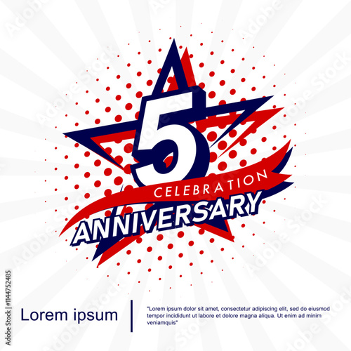 5th years anniversary celebration emblem. anniversary star logo isolated with red ribbon and star. vector illustration template design for web, flyers, poster, invitation card, greeting card