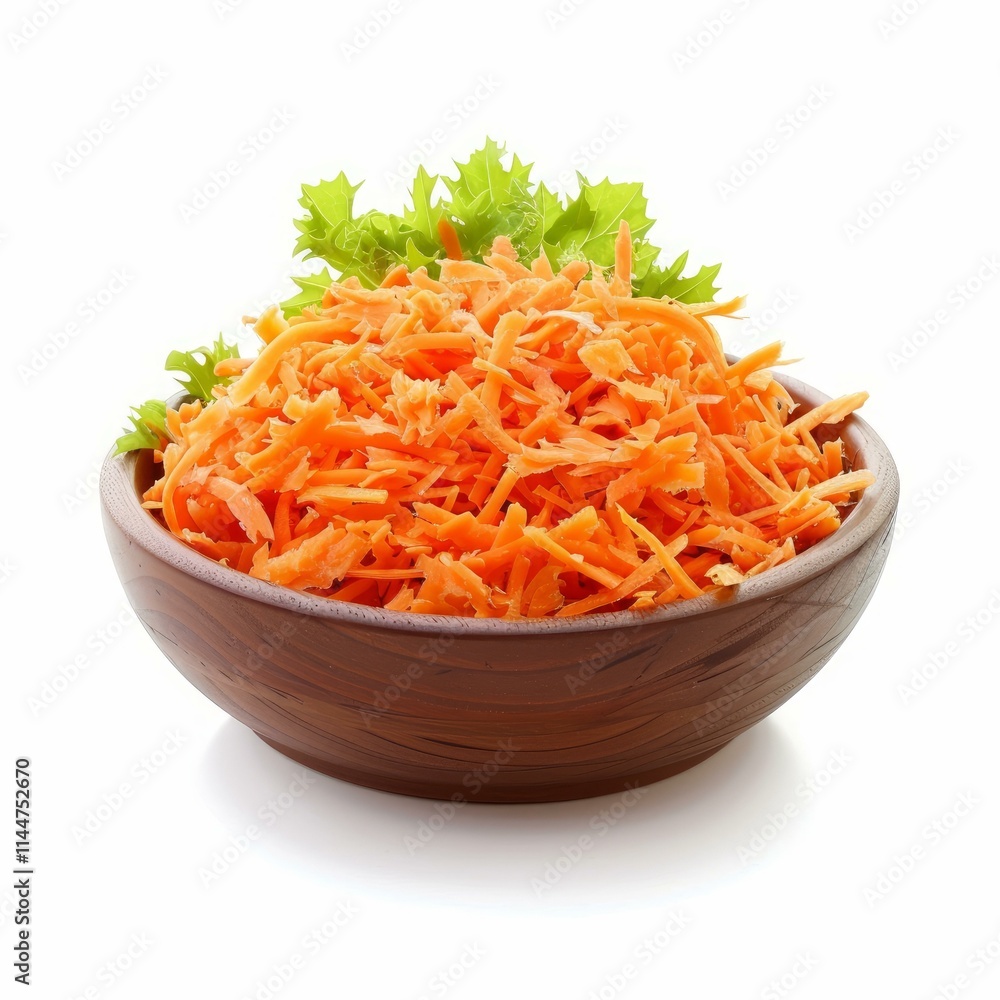 Wooden bowl is overflowing with fresh grated carrots and lettuce on a white background Wooden bowl is overflowing with fresh grated carrots and lettuce on a white background