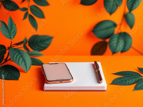 Smartphone and notebook on orange table, detailed foliage, post-minimalist neon background, with copy spac photo