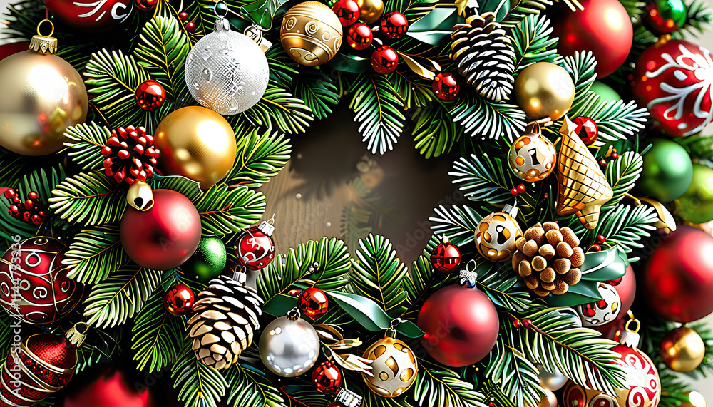 Christmas Wreath with Ornaments and Pine Cones Christmas Wreath with Ornaments and Pine Cones