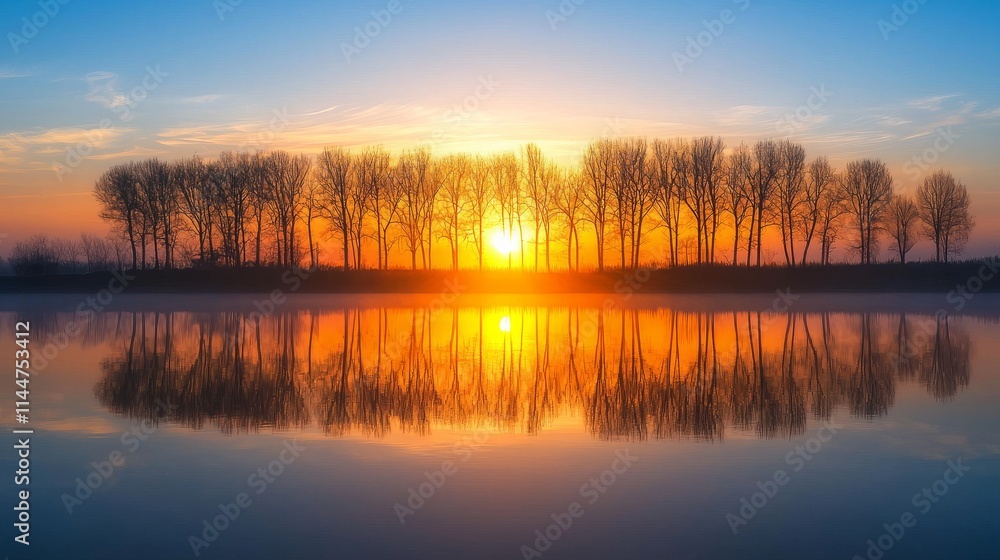Serene Sunrise Over Calm Lake with Silhouetted Trees Serene Sunrise Over Calm Lake with Silhouetted Trees