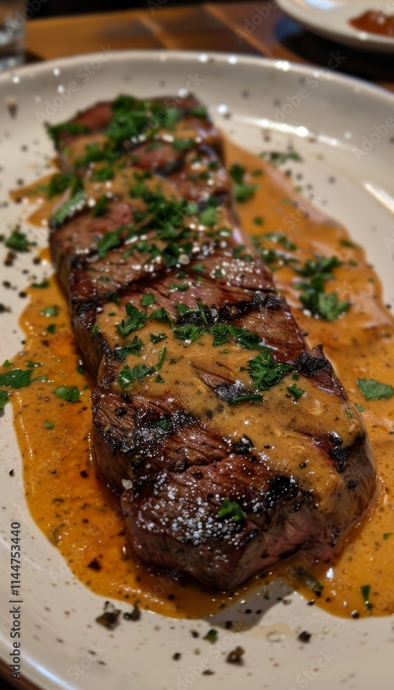 Sizzling ribeye steak with garlic cream sauce and fresh parsley garnish a culinary delight Sizzling ribeye steak with garlic cream sauce and fresh parsley garnish a culinary delight