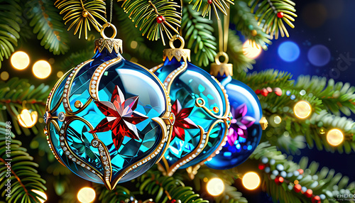 Three Ornate Blue Glass Christmas Ornaments on Pine Branch photo