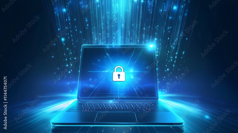 Secure laptop with digital lock displayed on screen, surrounded by blue glowing data streams. Secure laptop with digital lock displayed on screen, surrounded by blue glowing data streams.