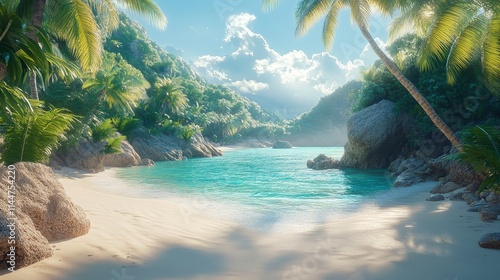 A secluded tropical cove with pristine white sand and clear turquoise water. Lush palm trees and vibrant green vegetation frame the picturesque scene. Sunlight filters through the clouds, creating a s photo