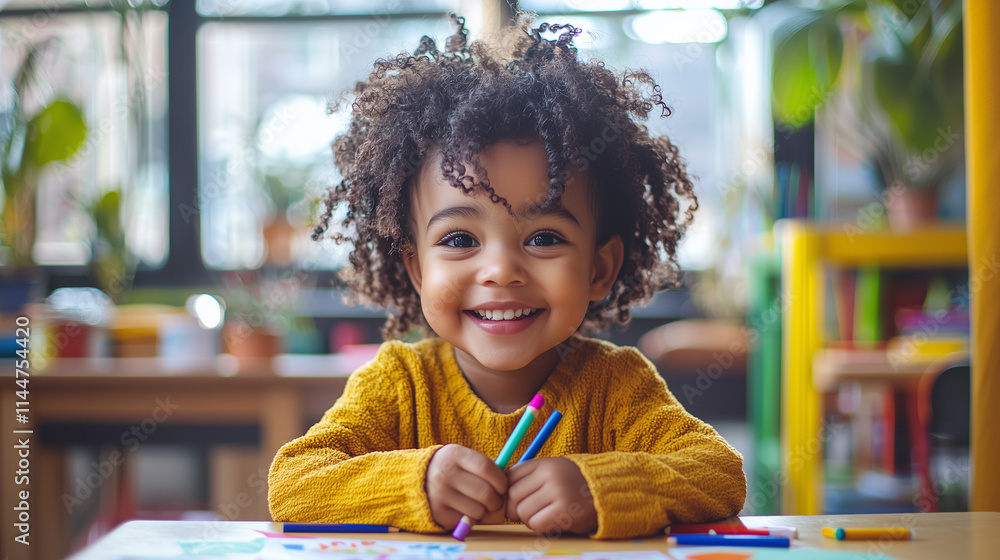 Smiling Latin american children drawing colorful pictures in classrooms