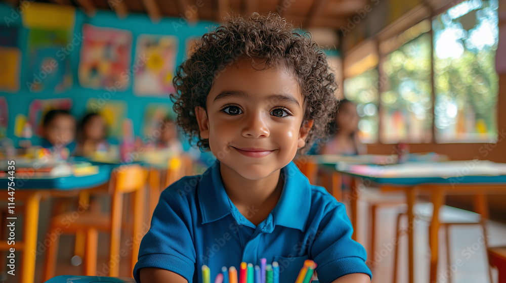Smiling Latin american children drawing colorful pictures in classrooms