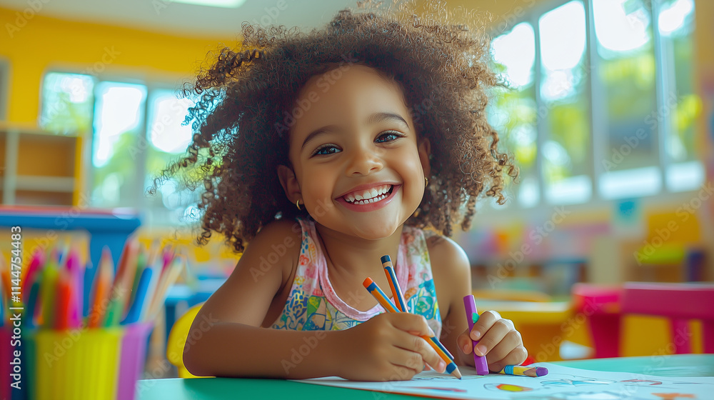 Smiling Latin american children drawing colorful pictures in classrooms