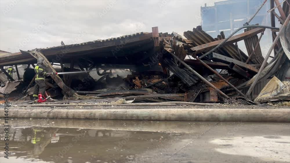 A dedicated firefighter skillfully uses a fire hose to extinguish the remnants of a building ravaged by fire. This image captures the intensity and bravery involved in firefighting efforts. A dedicated firefighter skillfully uses a fire hose to extinguish the remnants of a building ravaged by fire. This image captures the intensity and bravery involved in firefighting efforts.
