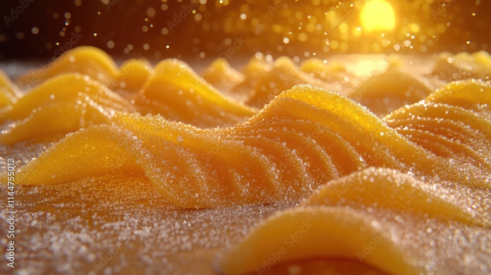 Close-up of golden pasta shapes, dusted with sugar, with sunlight effect and water droplets. Close-up of golden pasta shapes, dusted with sugar, with sunlight effect and water droplets.