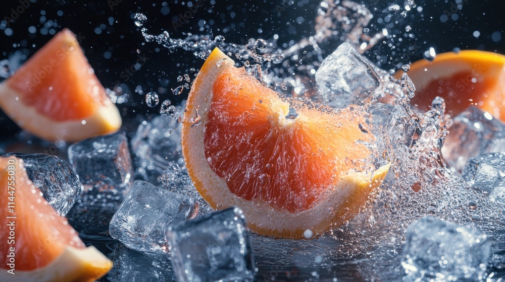 Sliced grapefruit with a splash of juice, surrounded by ice cubes for a refreshing summer vibe Sliced grapefruit with a splash of juice, surrounded by ice cubes for a refreshing summer vibe
