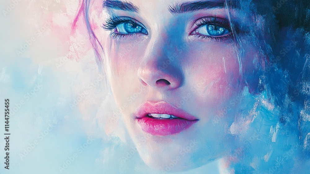 A digital illustration of a woman's face with blue eyes and pink lips. A digital illustration of a woman's face with blue eyes and pink lips.