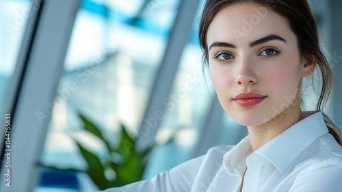 A young woman in a modern office, showcasing confidence and professionalism. Free Download A young woman in a modern office, showcasing confidence and professionalism. - GFXLoad