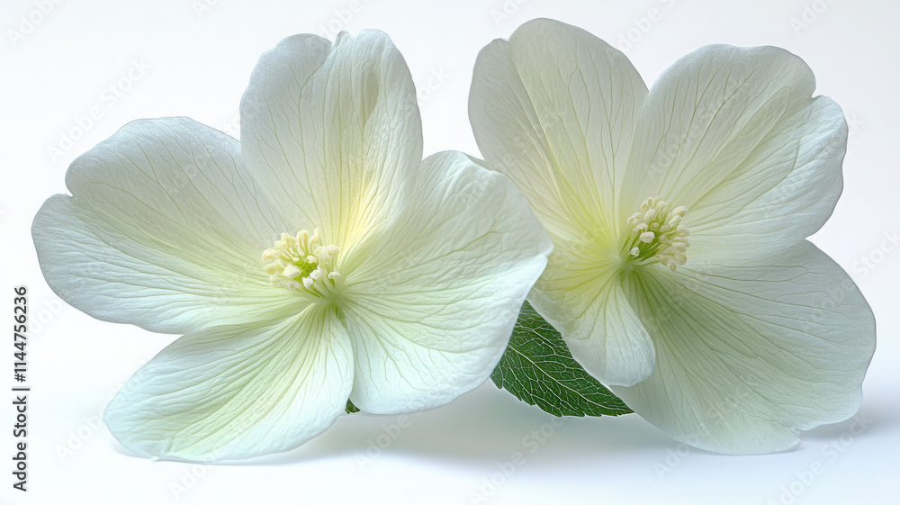 Fototapeta premium White flowers with delicate petals and green leaves, beautifully arranged on soft background, evoke sense of tranquility and elegance. Perfect for floral designs or nature themed projects