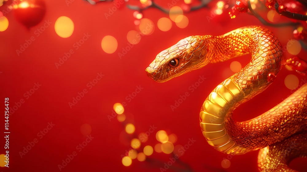 Golden snake coiled on red background with bokeh lights and branches. Golden snake coiled on red background with bokeh lights and branches.