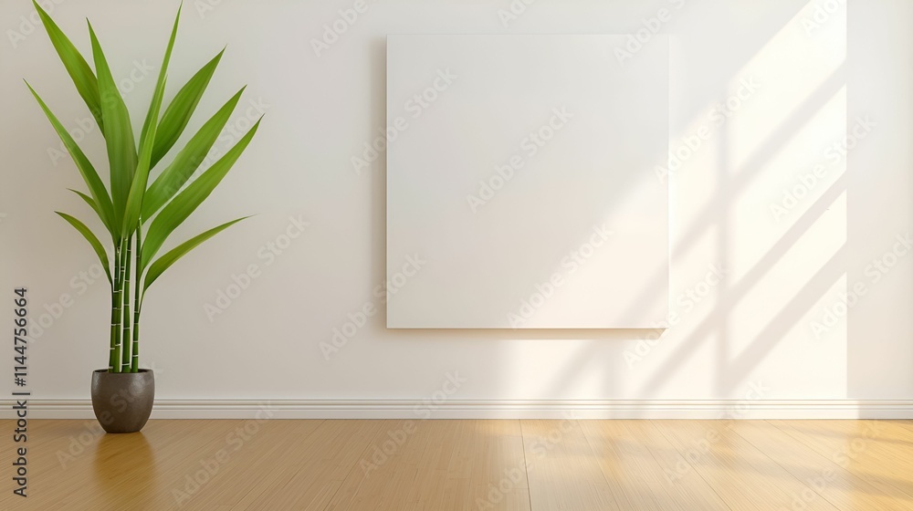 Wall art mockup interior concept. Minimalist interior with a plant and empty canvas in a sunlit room. Wall art mockup interior concept. Minimalist interior with a plant and empty canvas in a sunlit room.
