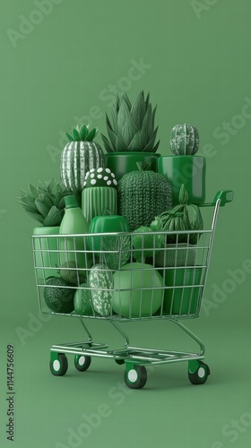 Closeup of a loaded shopping cart with groceries in a supermarket indoor setting photo