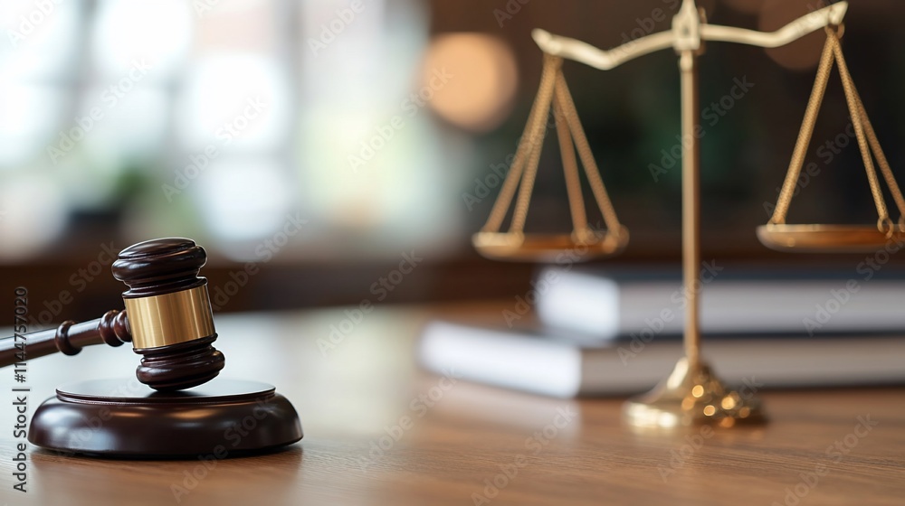 A gavel and scales of justice on a wooden table, symbolizing law. A gavel and scales of justice on a wooden table, symbolizing law.