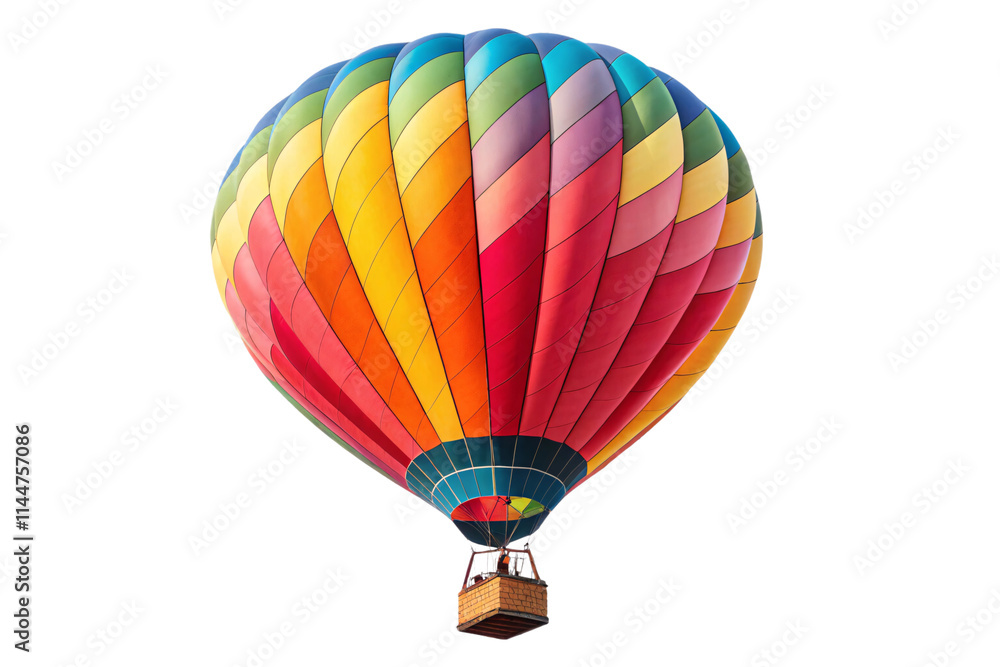 Fototapeta premium A large, multicolored hot air balloon with diagonal stripes, its intricate patterns beautifully displayed as it ascends skyward, isolated on a transparent background