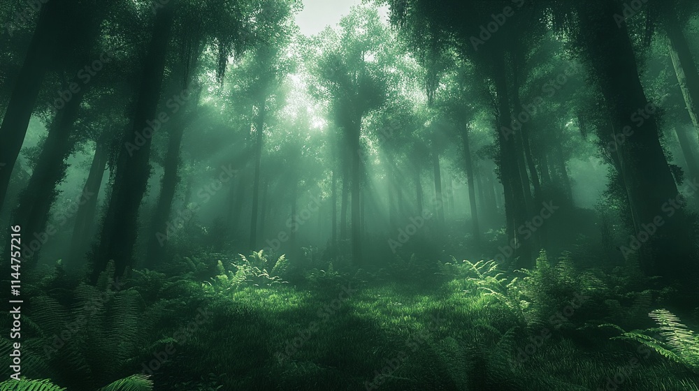 Obraz premium The sun's rays pierce through the dense foliage of a lush green forest.