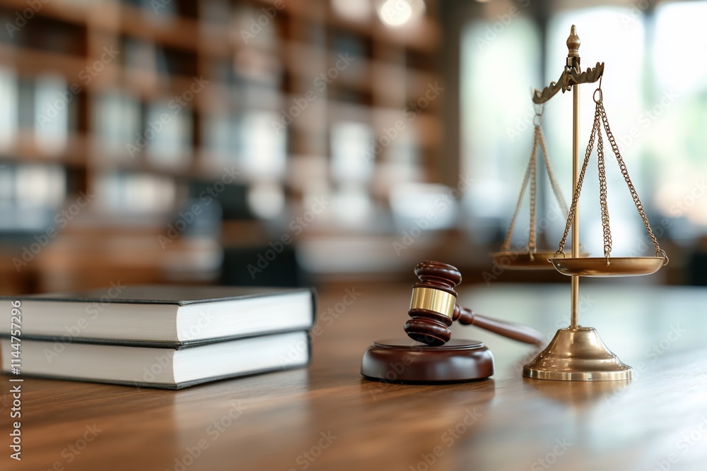A gavel and scales of justice on a wooden table with books in background. A gavel and scales of justice on a wooden table with books in background.