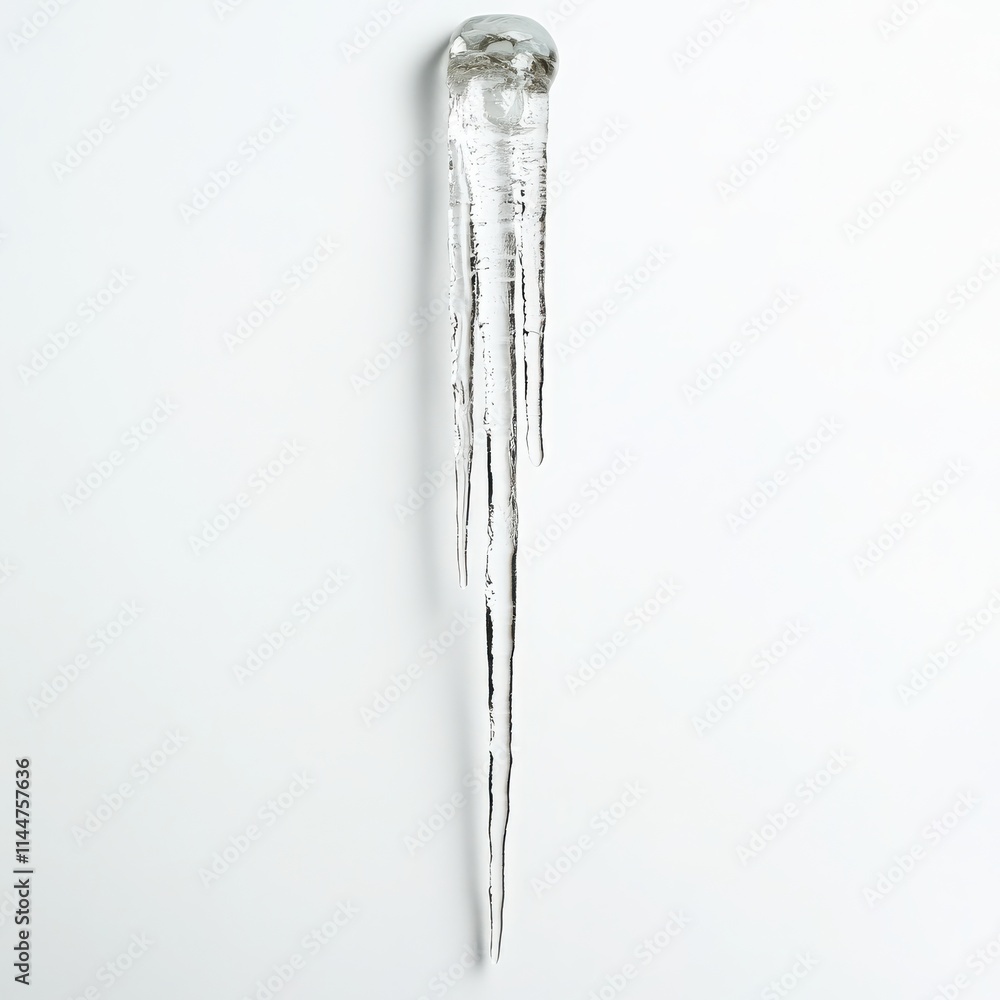 A long, slender icicle hanging from the edge of a roof, glistening in the light on a white background A long, slender icicle hanging from the edge of a roof, glistening in the light on a white background