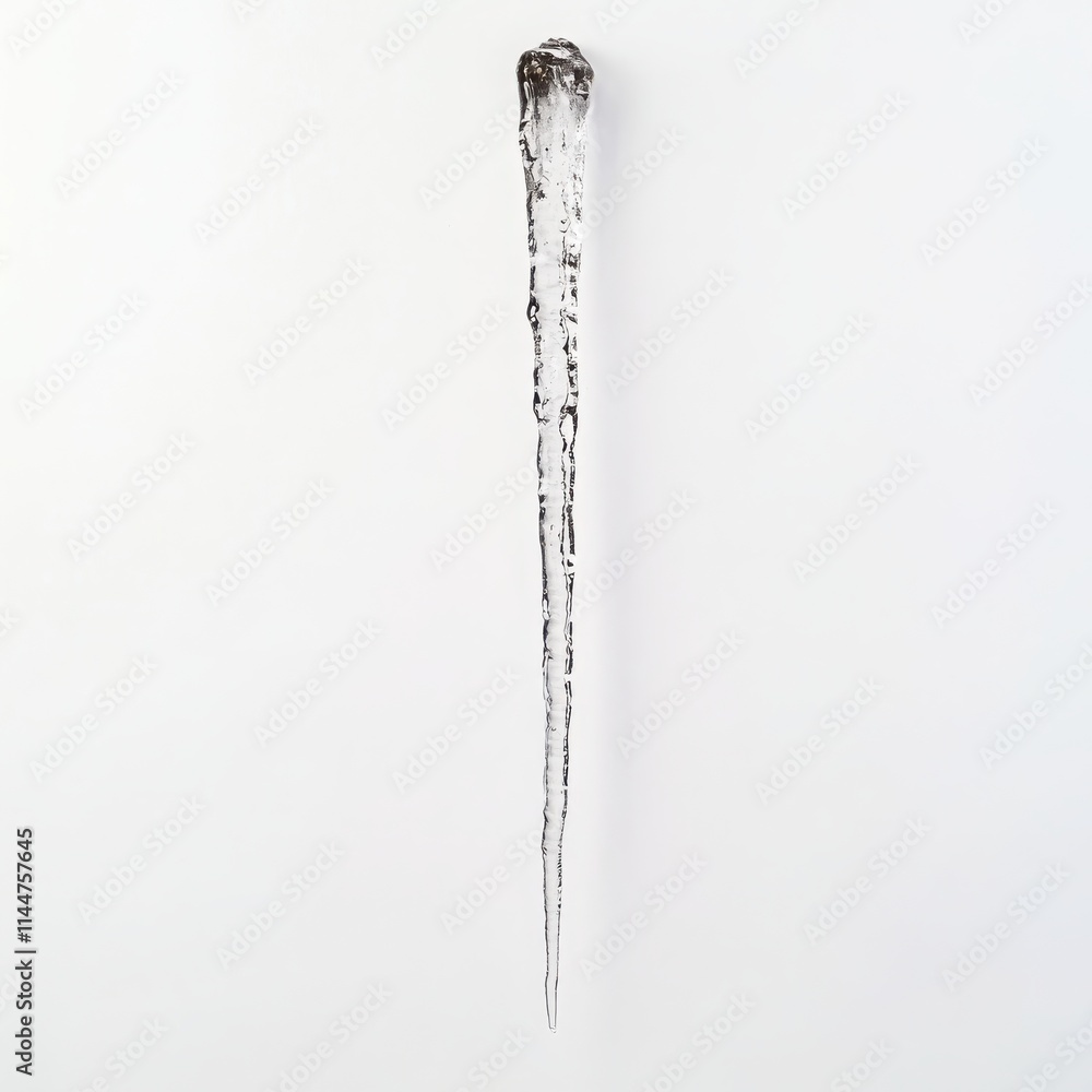 A long, slender icicle hanging from the edge of a roof, glistening in the light on a white background A long, slender icicle hanging from the edge of a roof, glistening in the light on a white background