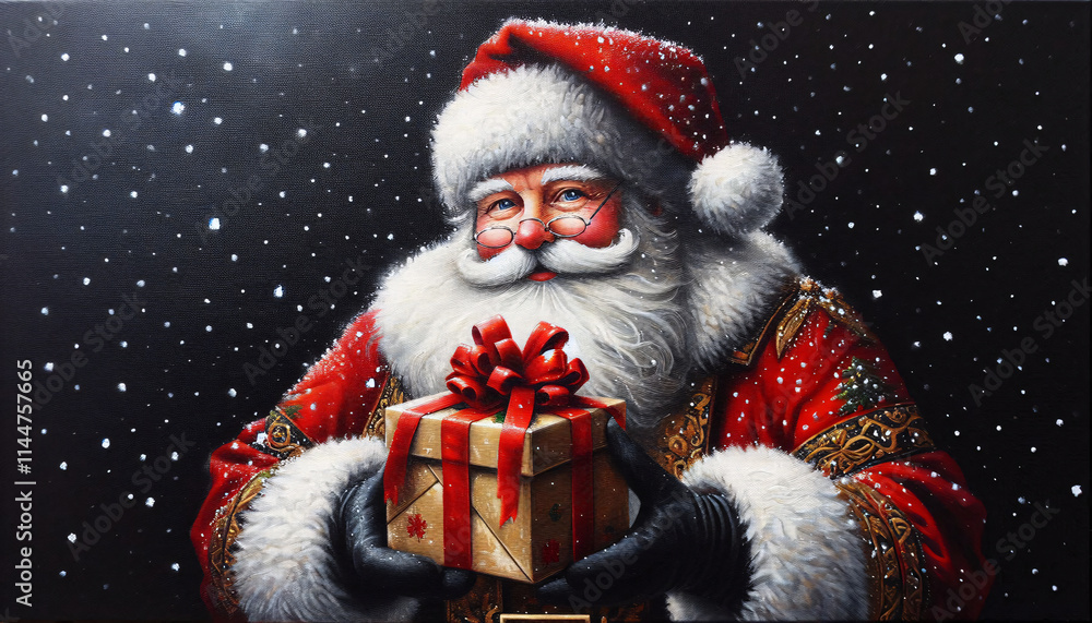 image of Santa Claus dressed in his typical suit holding in his hands a gift package wrapped in gift paper and a red bow image of Santa Claus dressed in his typical suit holding in his hands a gift package wrapped in gift paper and a red bow