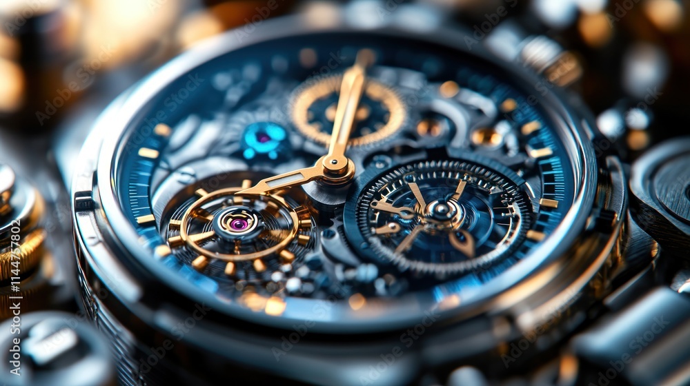Close-up of intricate watch mechanism with gears, hands, and dial. Close-up of intricate watch mechanism with gears, hands, and dial.