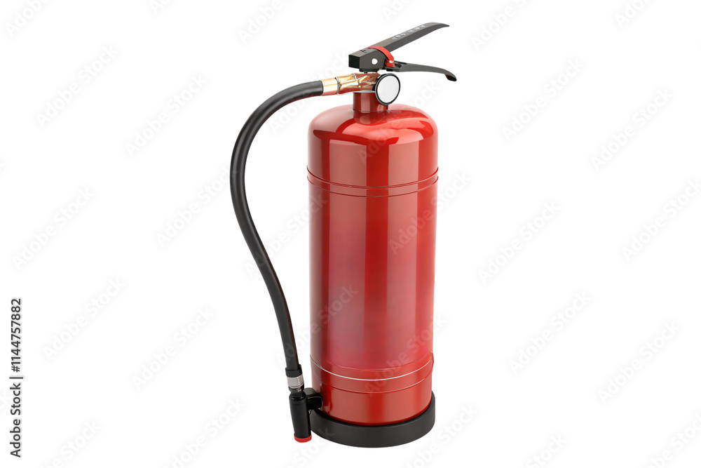 A red fire extinguisher with a sturdy black base, flexible hose, and detailed pressure gauge, showcasing reliable protection against fires, isolated on a transparent background A red fire extinguisher with a sturdy black base, flexible hose, and detailed pressure gauge, showcasing reliable protection against fires, isolated on a transparent background