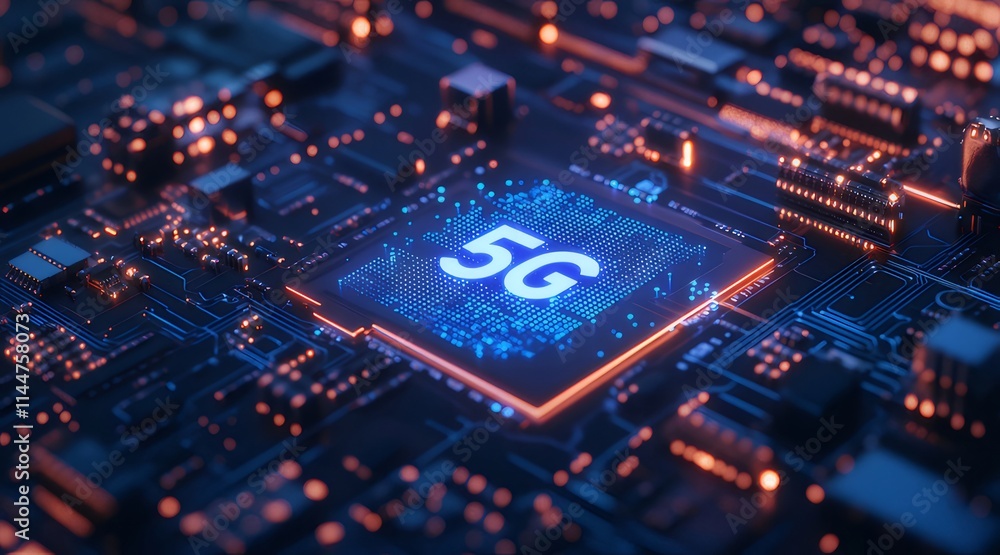 Close-up of 5G network chip on circuit board. Close-up of 5G network chip on circuit board.