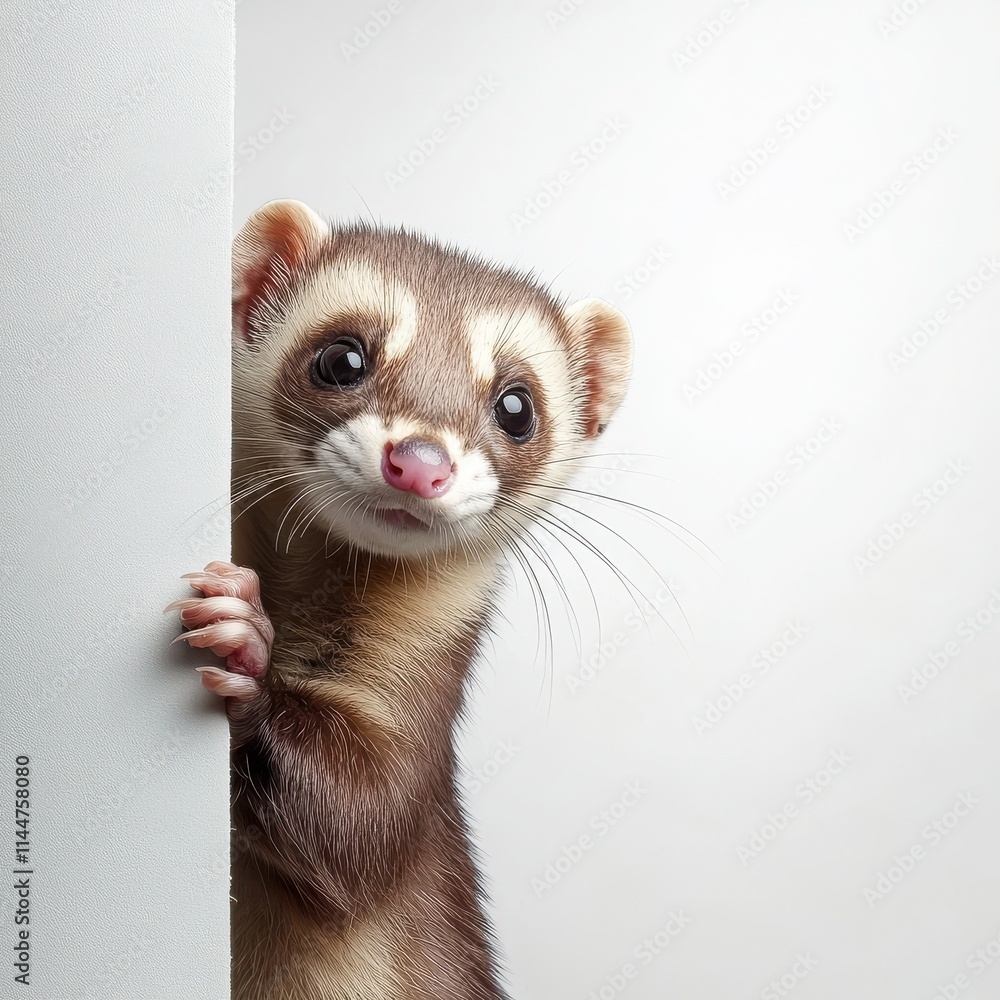 A playful ferret with a sleek, tan coat and curious eyes, peeking out from behind a corner on a white background --v 6.1 Job ID: b676746a-f0d4-4426-977f-37afdb49ec2a A playful ferret with a sleek, tan coat and curious eyes, peeking out from behind a corner on a white background --v 6.1 Job ID: b676746a-f0d4-4426-977f-37afdb49ec2a