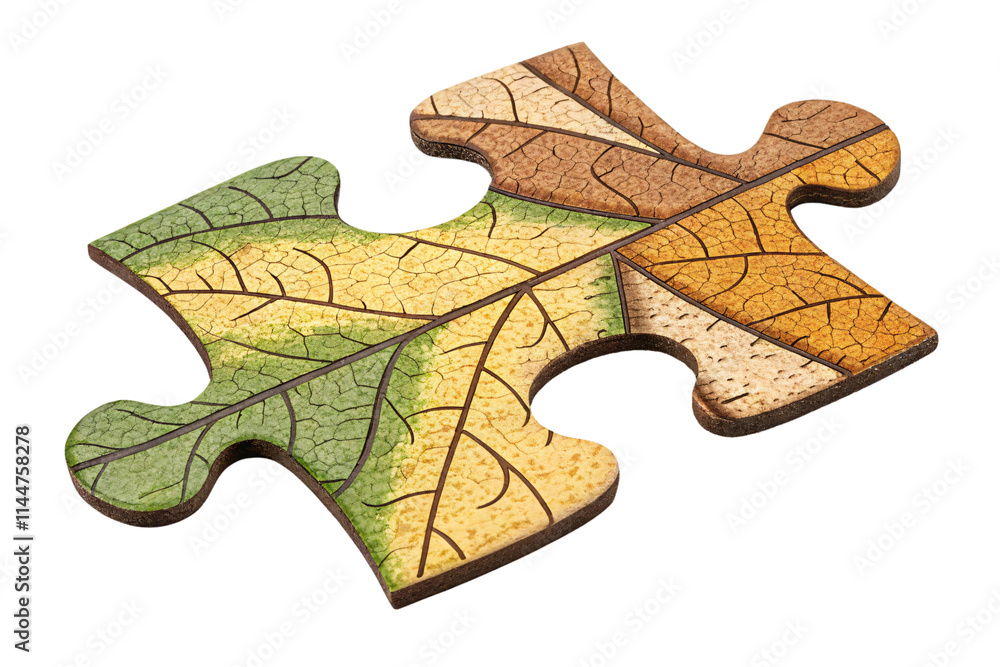 Fototapeta premium A single puzzle piece adorned with a multicolored leaf print, highlighting detailed green, yellow, and brown veins over a textured wooden surface, isolated on a transparent background
