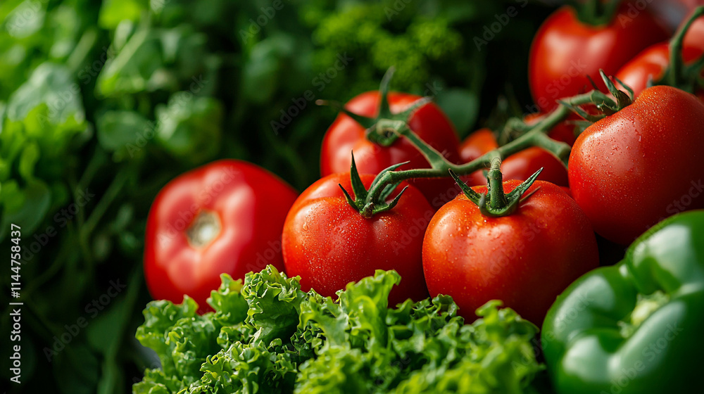 Fresh tomatoes and greens arranged beautifully for healthy eating and cooking inspiration. Fresh tomatoes and greens arranged beautifully for healthy eating and cooking inspiration.