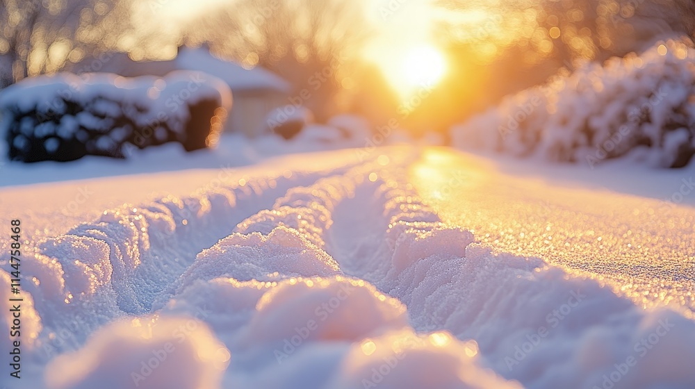 Obraz premium Tire tracks in deep snow on a residential street during a bright winter sunrise.