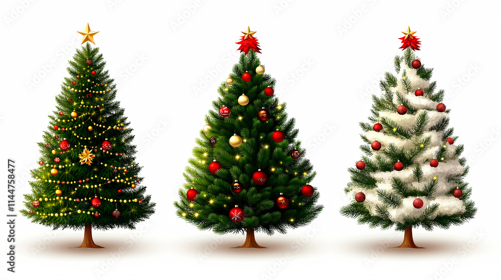 three realistic decorated christmas trees on white background; symmertry three realistic decorated christmas trees on white background; symmertry