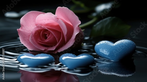 Stunning rose with radiant water droplets, hearts floating gracefully on a dark backdrop, inviting ample room for words.