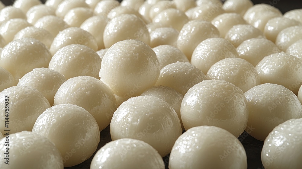 Close-up of many small, round, light beige food balls.