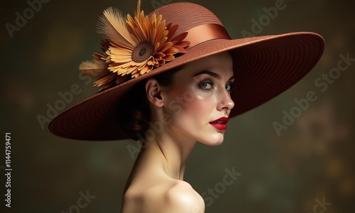 Elegant brown wide brimmed hat Intricate feather photo