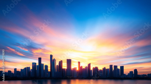 Stunning skyline at sunset with vibrant colors illuminating modern skyscrapers.