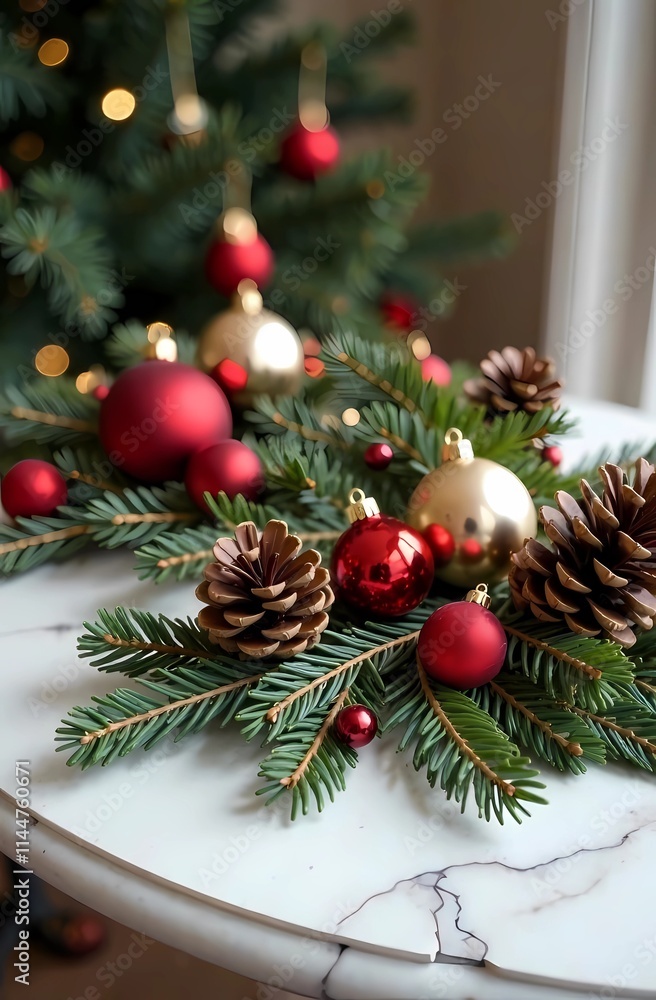 A marble table decorated with pine cones and ornaments creates a festive atmosphere A marble table decorated with pine cones and ornaments creates a festive atmosphere