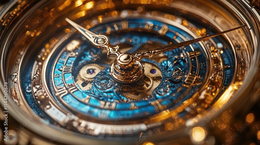 Close-up of ornate gold and blue watch mechanism. Close-up of ornate gold and blue watch mechanism.
