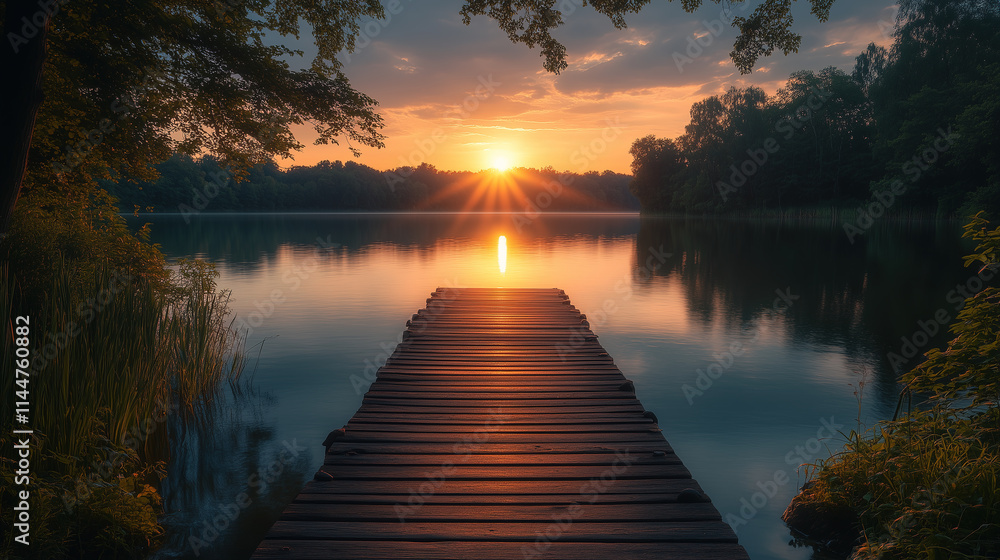 Sunrise over calm lake with wooden dock surrounded by trees and reflections on water Sunrise over calm lake with wooden dock surrounded by trees and reflections on water