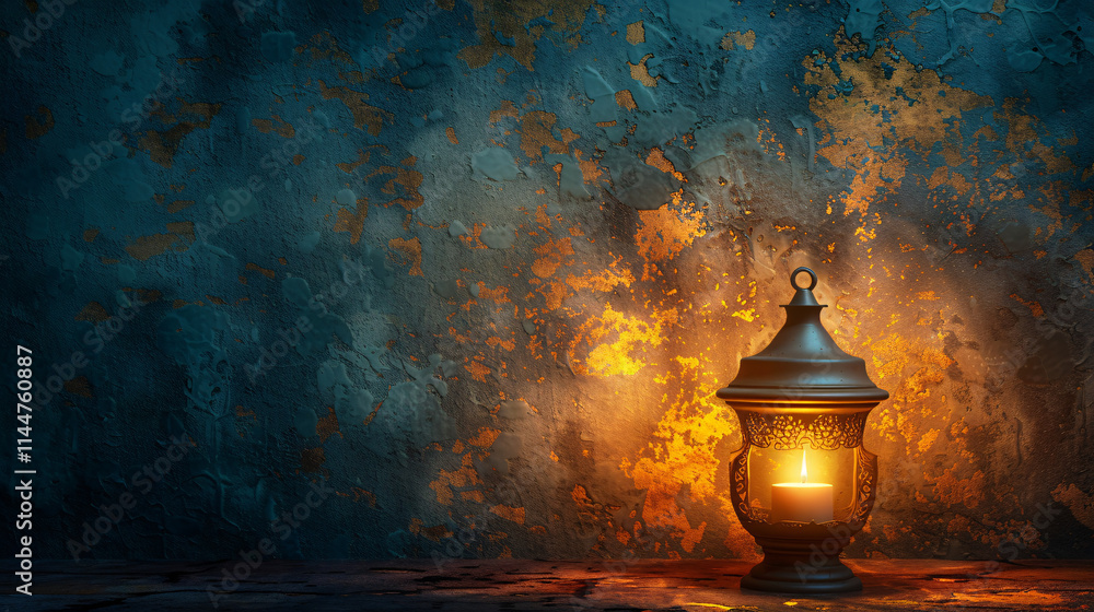 Antique Lantern with Candlelight Against Textured Wall Background Antique Lantern with Candlelight Against Textured Wall Background