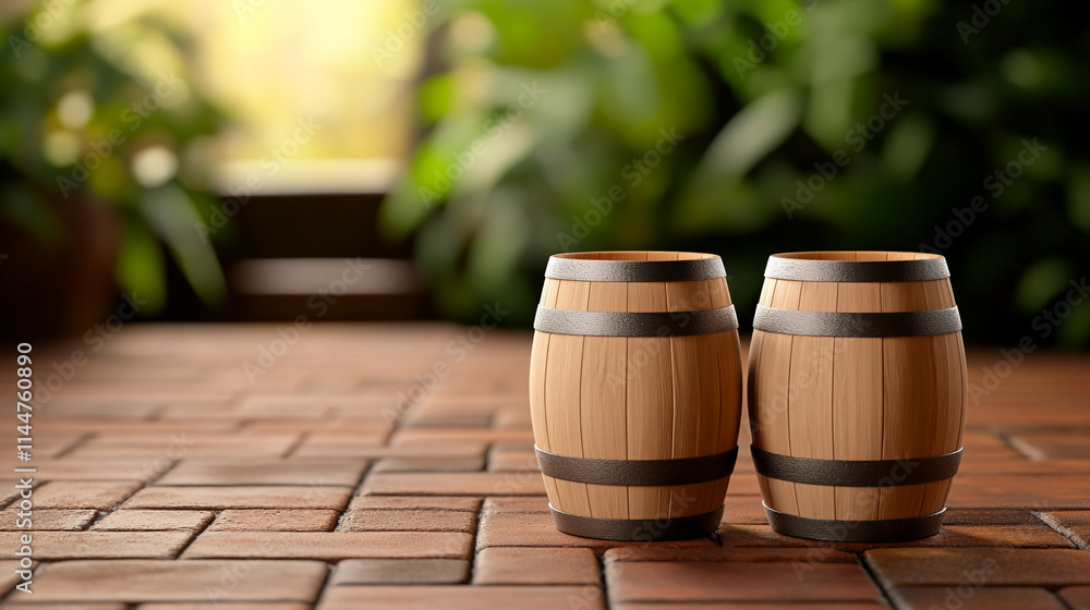 Two wooden barrels positioned elegantly on a tiled floor surrounded by lush greenery. Two wooden barrels positioned elegantly on a tiled floor surrounded by lush greenery.