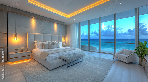 Fototapeta Naklejka Na Ścianę i Meble -  Luxurious oceanfront bedroom with stunning views and modern design at sunset