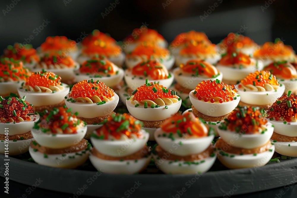 A beautiful display of gourmet deviled eggs garnished with vibrant fish roe and fresh herbs, perfect for events. A beautiful display of gourmet deviled eggs garnished with vibrant fish roe and fresh herbs, perfect for events.