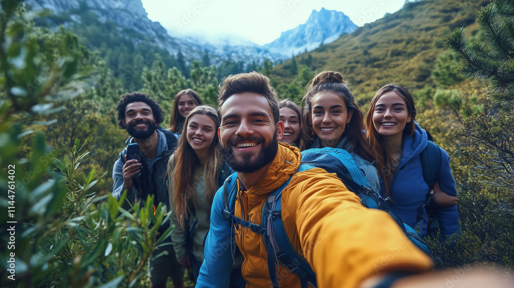Group of friends enjoying a hiking adventure in a mountainous landscape during a sunny day Group of friends enjoying a hiking adventure in a mountainous landscape during a sunny day