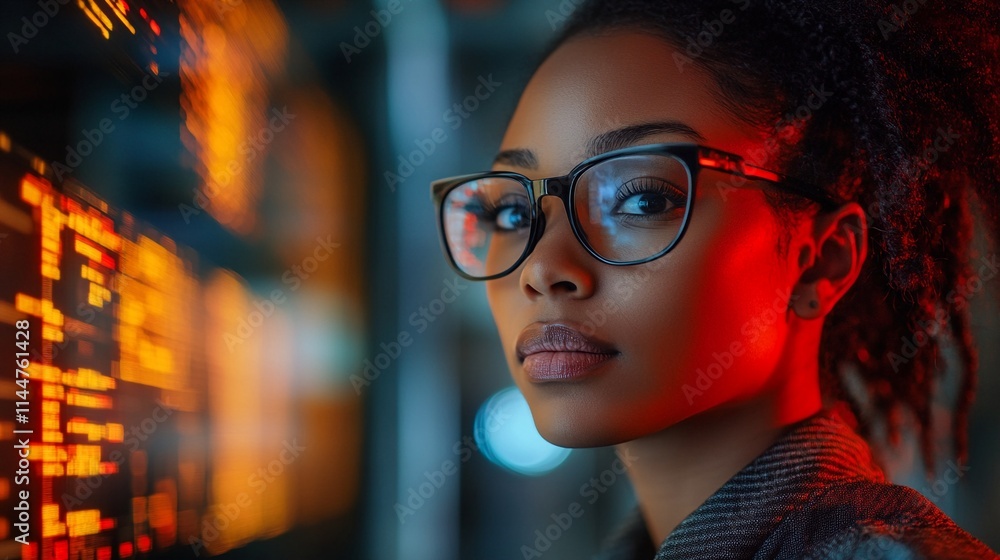 A young woman with dark skin and curly hair pulled back into a ponytail, wearing black-framed glasses and looking at a screen displaying a grid of yellow and red numbers. A young woman with dark skin and curly hair pulled back into a ponytail, wearing black-framed glasses and looking at a screen displaying a grid of yellow and red numbers.