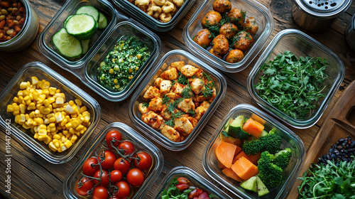 Colorful assortment of fresh meal prep in glass containers displayed on wooden surface